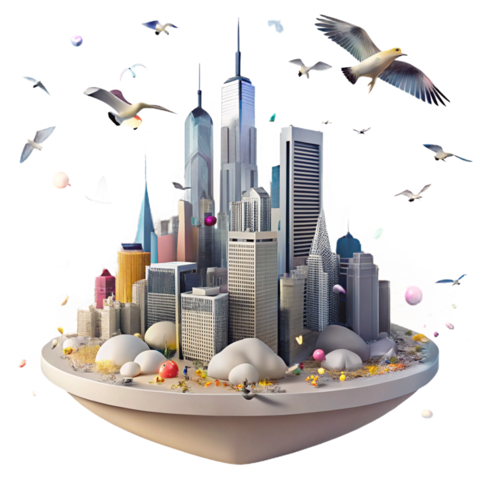 vibrant artistic Migrating Birds Over City Skyline Transparent Background genuine png