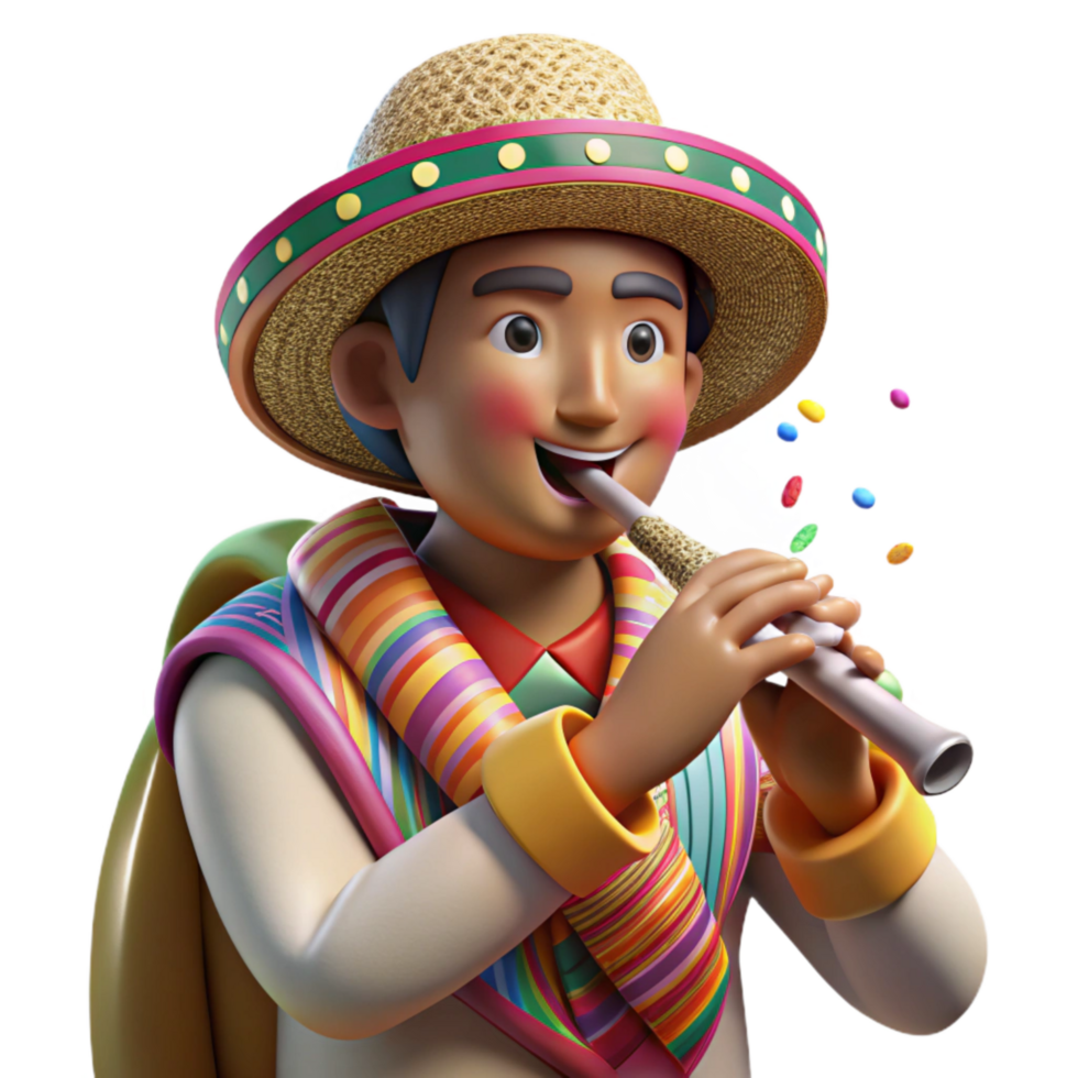 extraordinary minimalist Peruvian Quena Flute Player Traditional Hat Detail Isolated Element authentic png