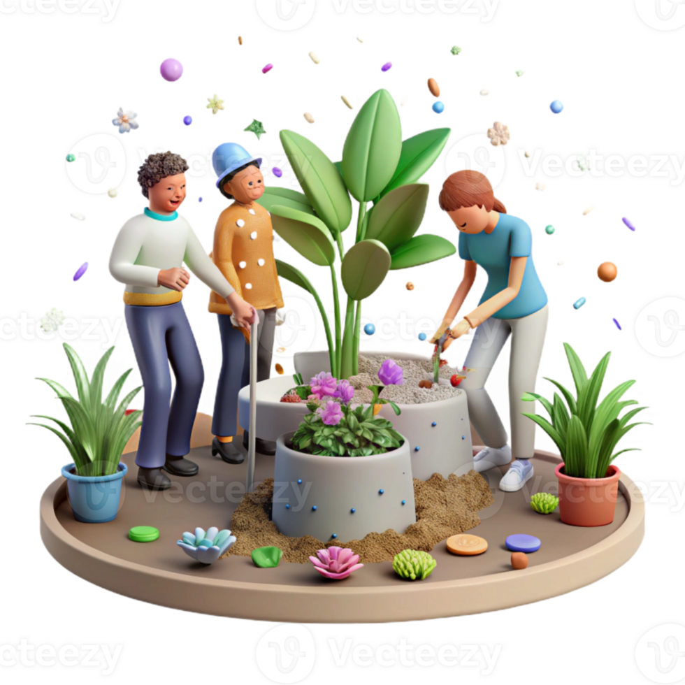 elegant minimalist Group Planting Flowers in Urban Garden Transparent Background professional png