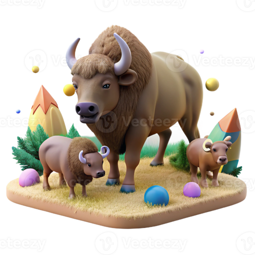 magnificent artistic Grazing Bison Herd Isolated Transparent Background Top View authentic png
