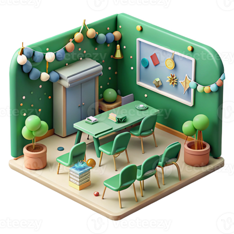 impressive classic Green Classroom with Students Learning Isolated high resolution png