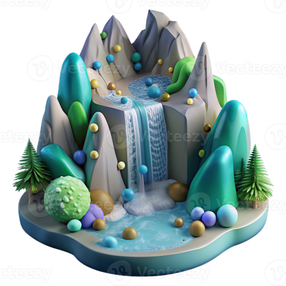 extraordinary rustic Mountain Landscape with Waterfall Isolated with Cascading Water professional png