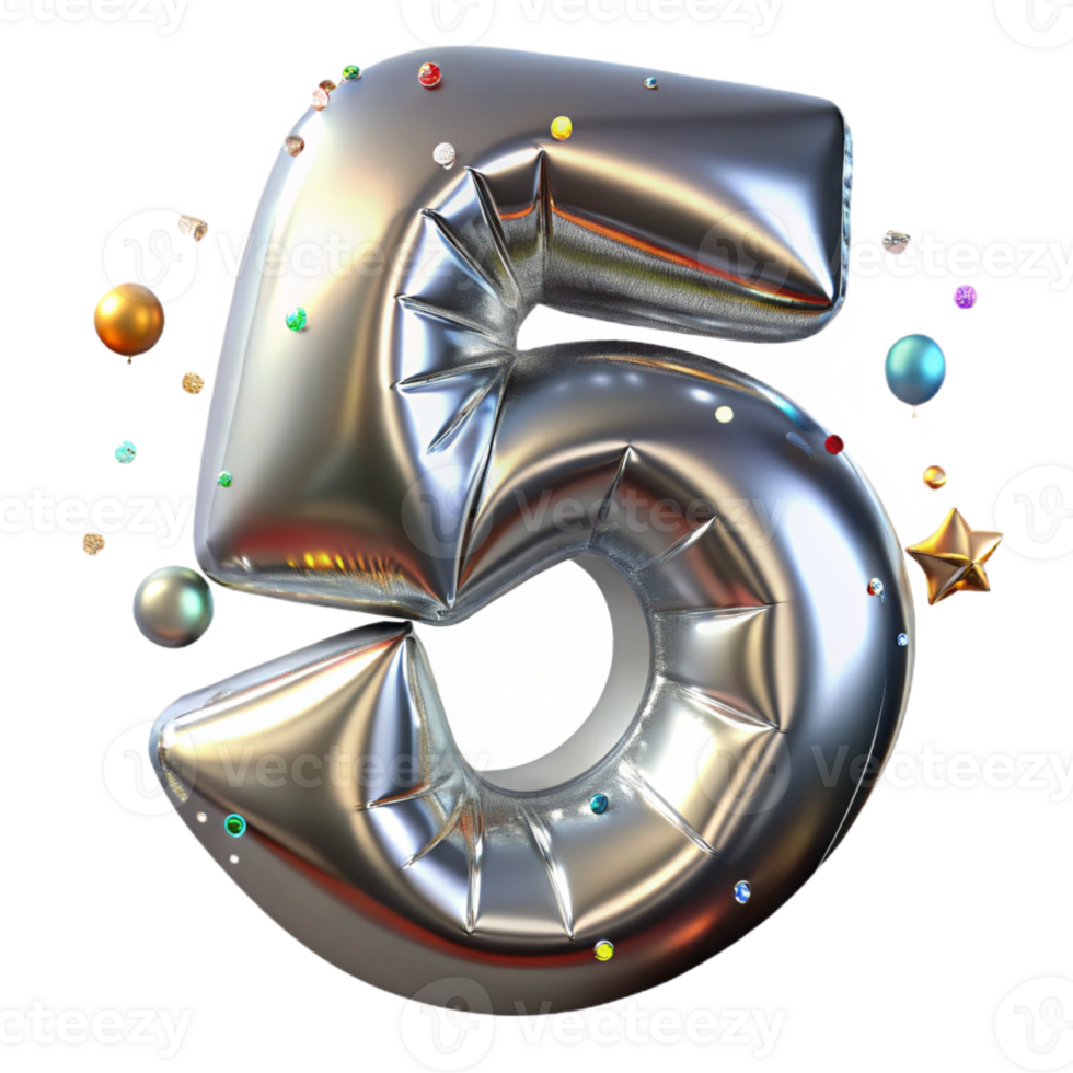 magnificent minimalist Metallic Foil Number 5 Isolated Silver premium png