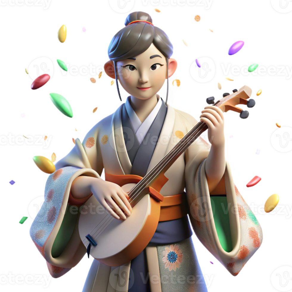 wonderful minimalist Japanese Shamisen Player Kimono Detail Transparent Background exclusive png