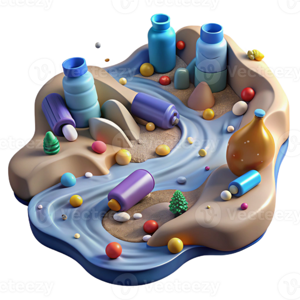 wonderful creative Polluted River with Plastic Bottles Isolated Environmental Pollution high resolution png