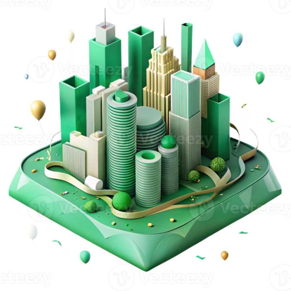 vibrant rustic Green City Skyline Isometric View Cutout detailed png