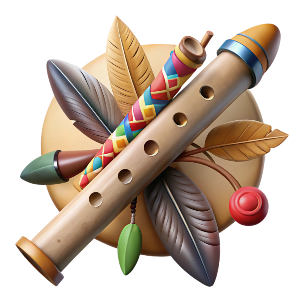 beautiful traditional Native American Flute Wooden with Feathers Cutout exclusive png
