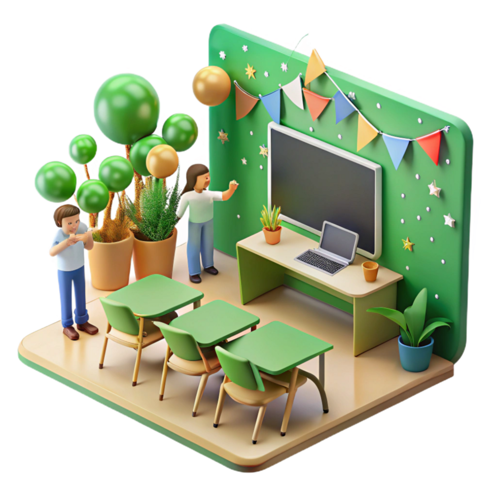 beautiful modern Green Classroom with Students Learning Isolated detailed png