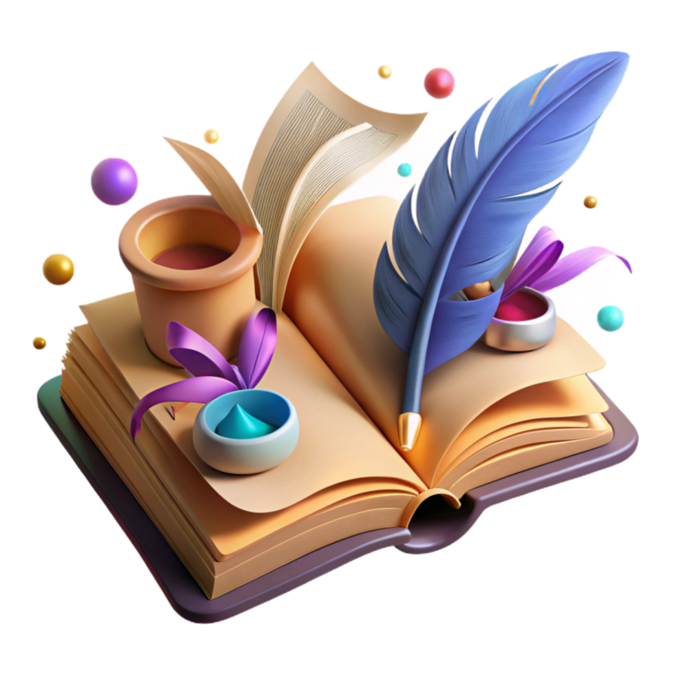 elegant artistic Historical Narrative Open Book with Quill Pen Isolated professional png