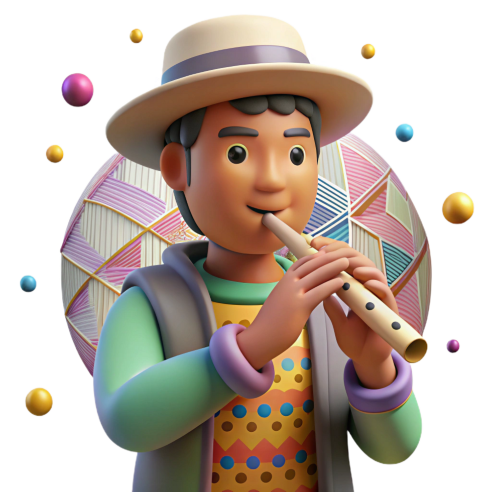 vibrant contemporary Peruvian Flute Player Traditional Hat Isolated Element original png
