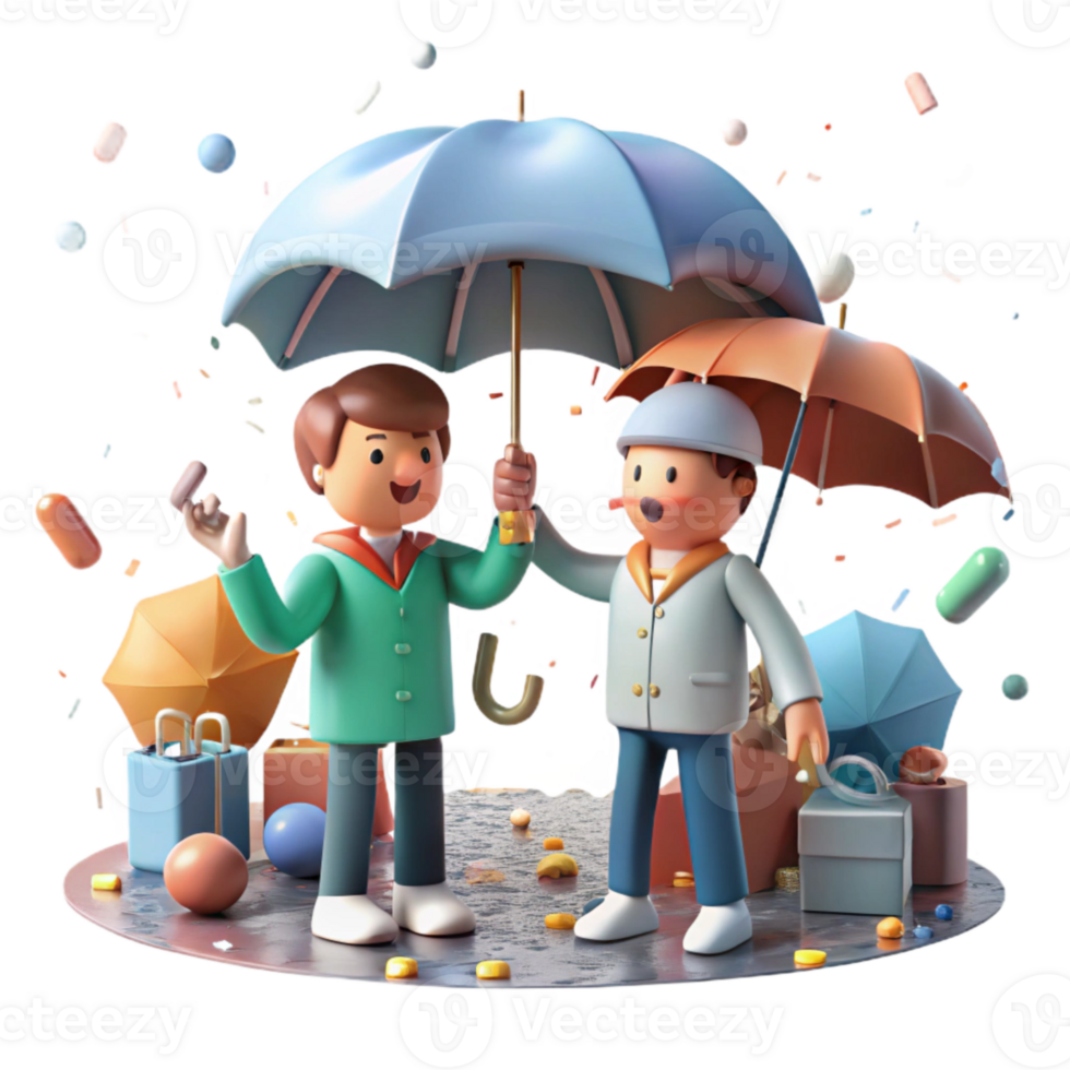 beautiful artistic Group Holding Umbrellas Rainy Day Scene Transparent Background detailed png