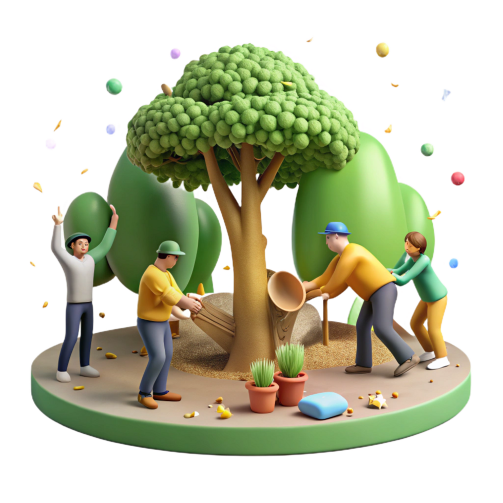 serene rustic Group Planting Trees in Park Wide Angle Cutout high resolution png