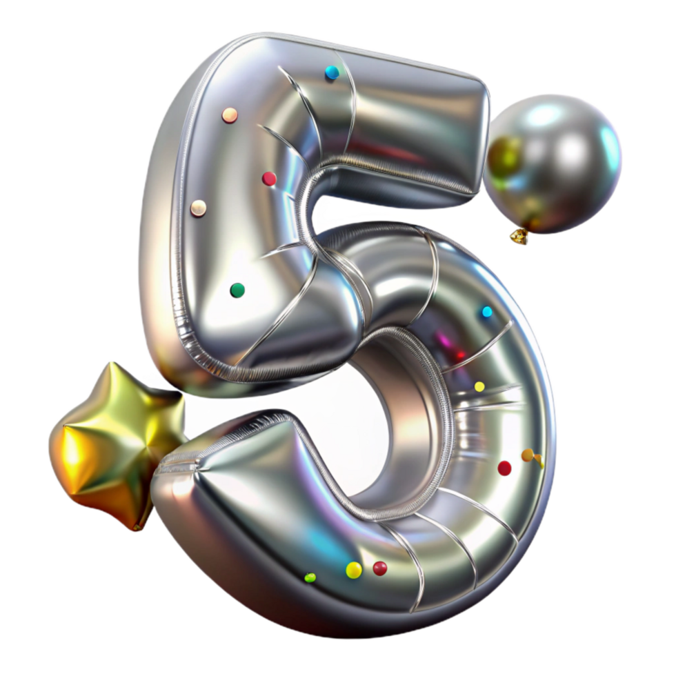 wonderful abstract Metallic Foil Number 5 Isolated Silver genuine png
