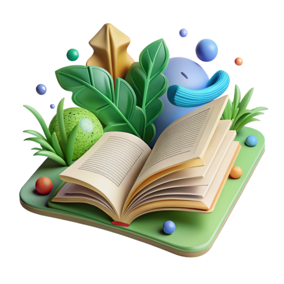 stunning rustic Open Book with Green Leaf Bookmark Transparent Isolated genuine png