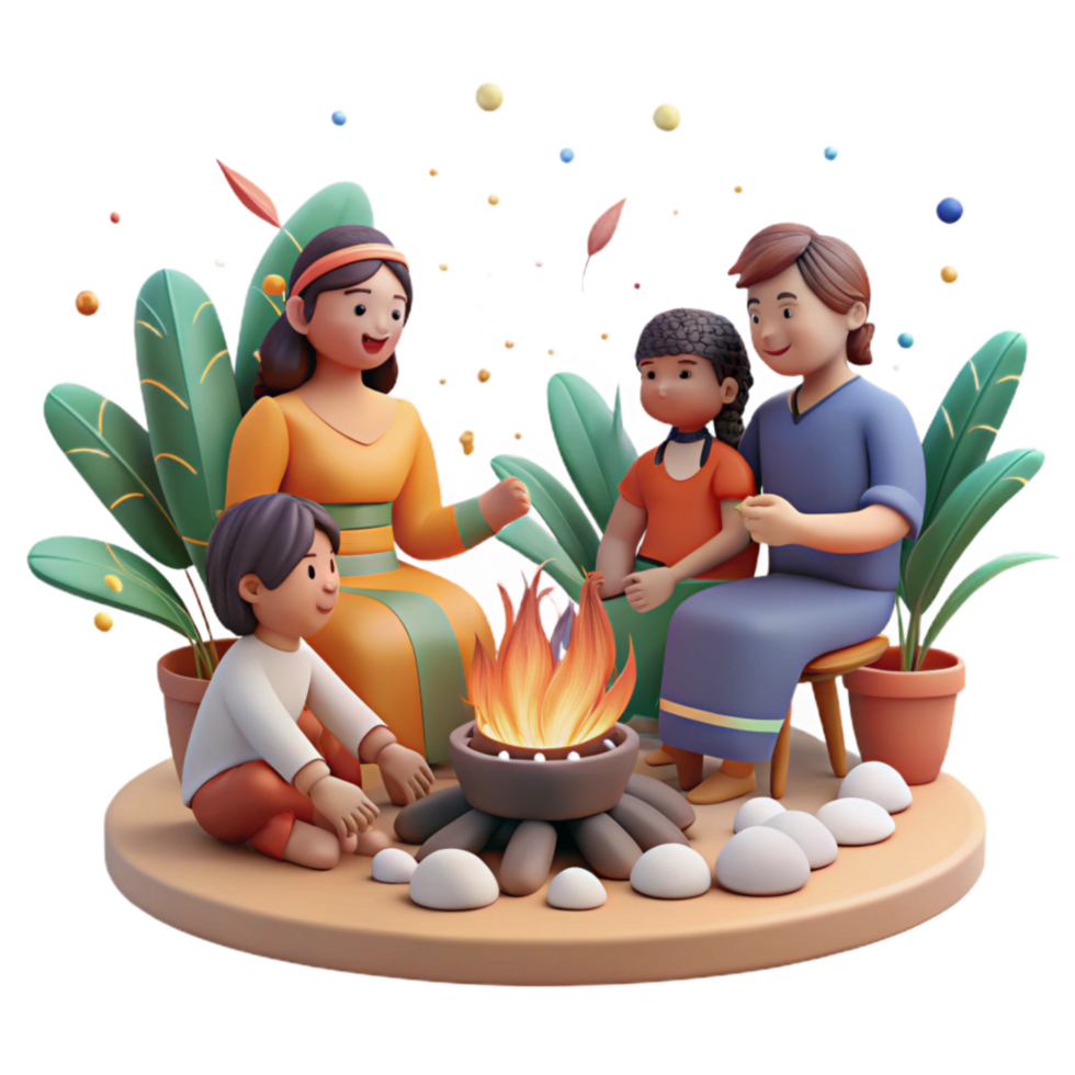 serene rustic Indigenous Family Gathering Around Fire Cutout genuine png