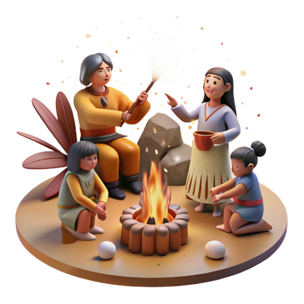 dramatic abstract Indigenous Family Gathering Around Fire Cutout original png
