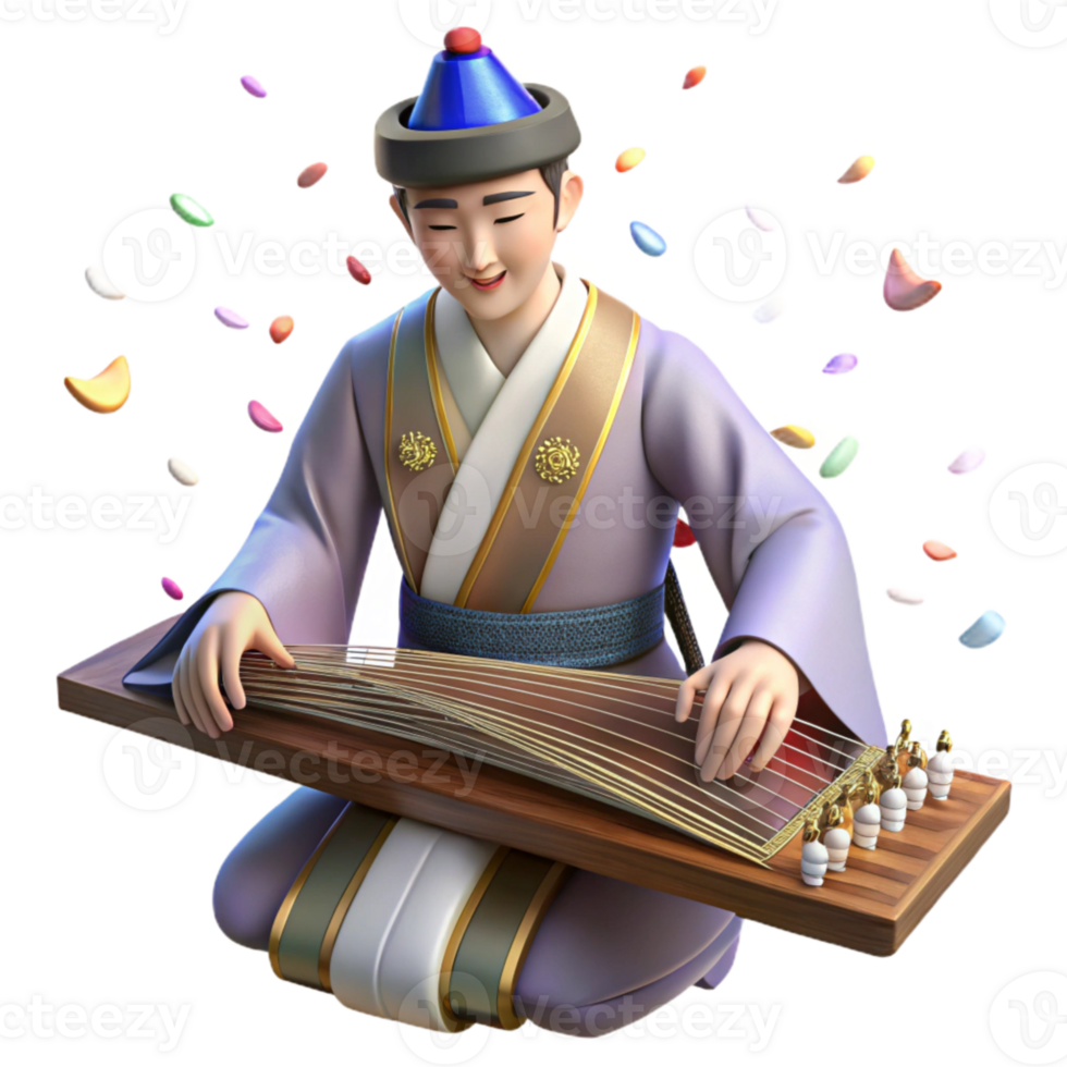 elegant minimalist Korean Gayageum Player Hanbok Detail Cutout high resolution png