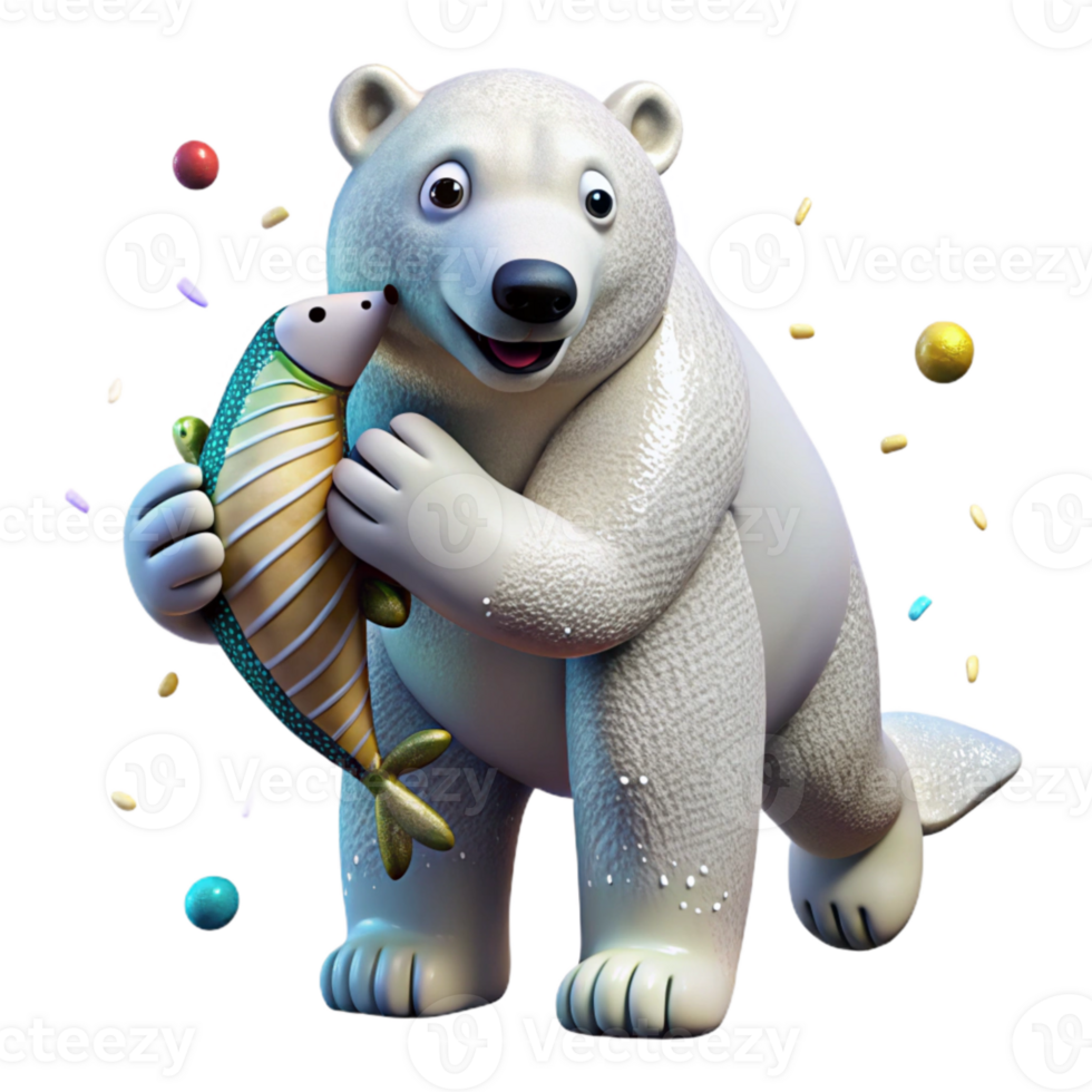 beautiful rustic Polar Bear with Fish in Mouth Transparent Background high resolution png