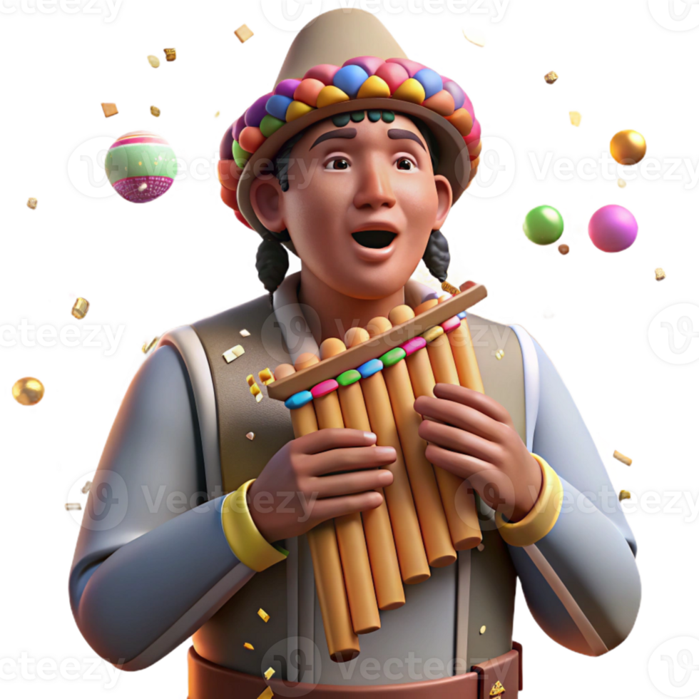 stunning rustic Peruvian Panpipes Player Traditional Clothing Transparent Background professional png