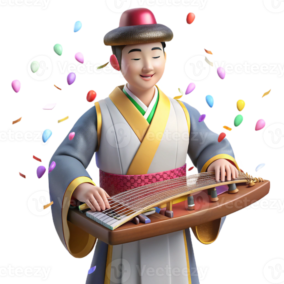 impressive artistic Korean Gayageum Player Hanbok Detail Cutout png