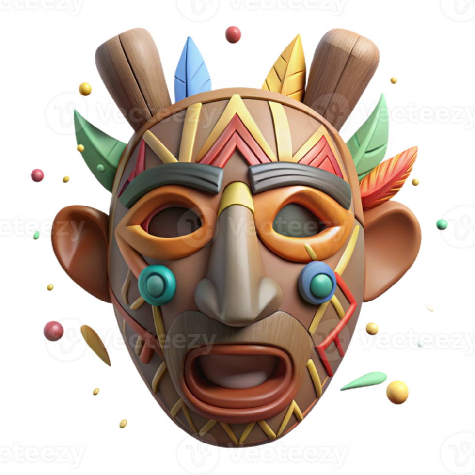 vibrant minimalist Painted Wooden Mask with Tribal Design Transparent Background high resolution png