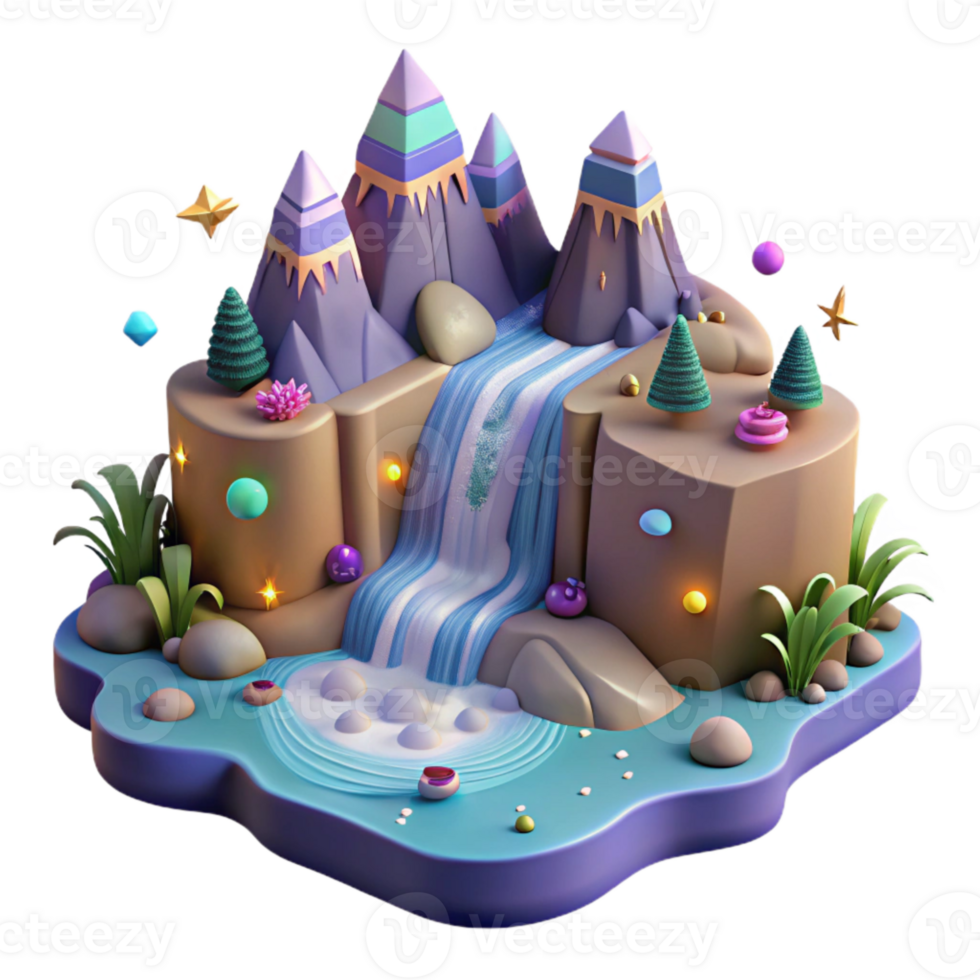 beautiful abstract Mountain Landscape with Waterfall Isolated with Cascading Water png