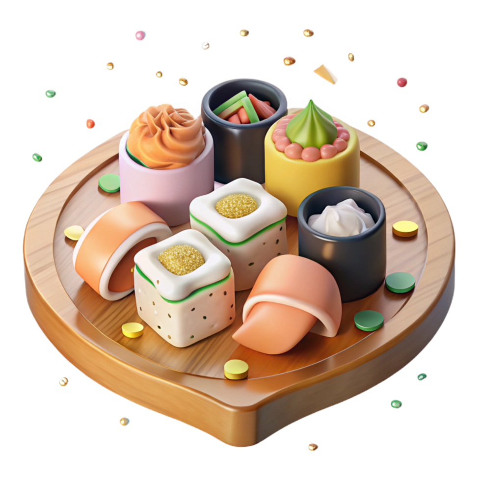 magnificent minimalist Japanese Sushi Platter Variety of Rolls Isolated Transparent Background professional png
