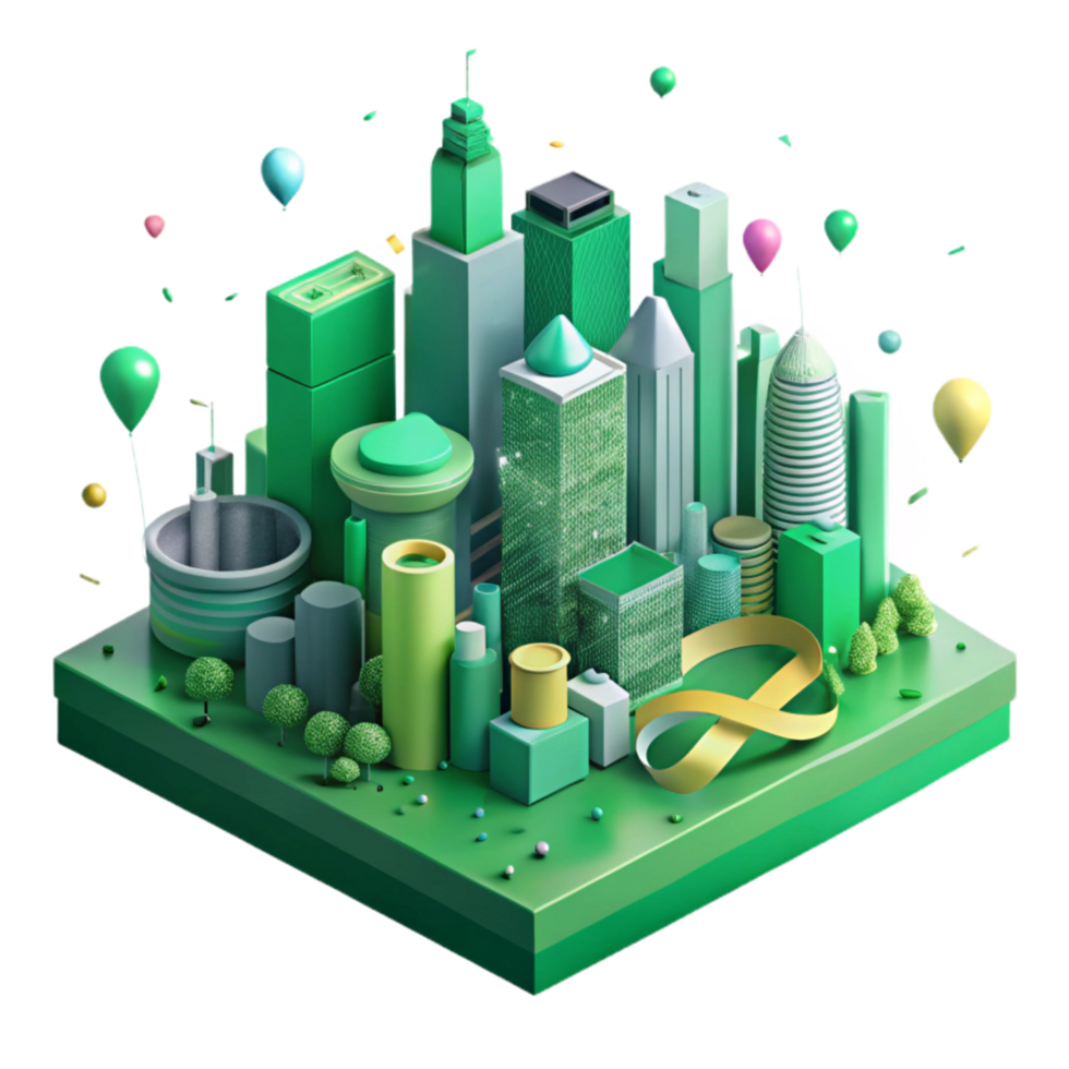 serene rustic Green City Skyline Isometric View Cutout authentic png