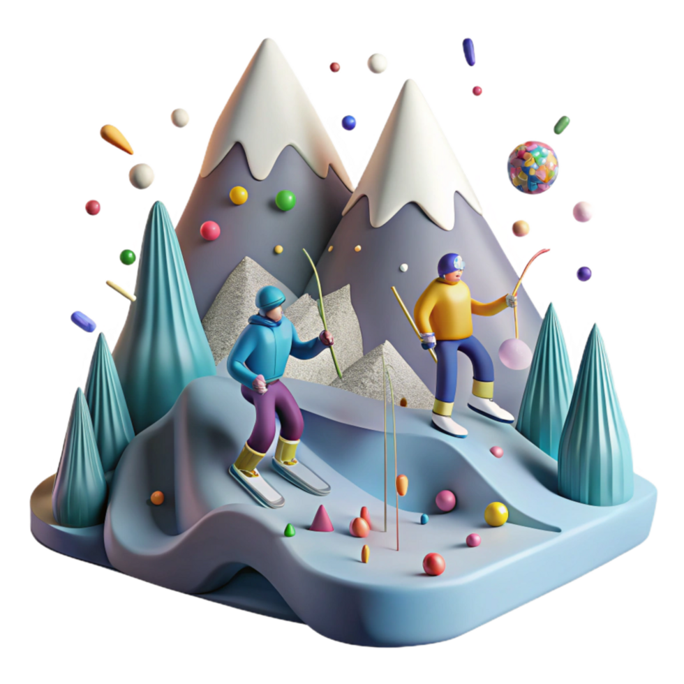 impressive classic Mountain Landscape with Skiers Isolated with Skiing Figures exclusive png