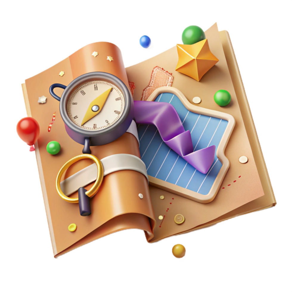 vibrant creative Open Map with Compass and Ruler Transparent Background Cutout genuine png
