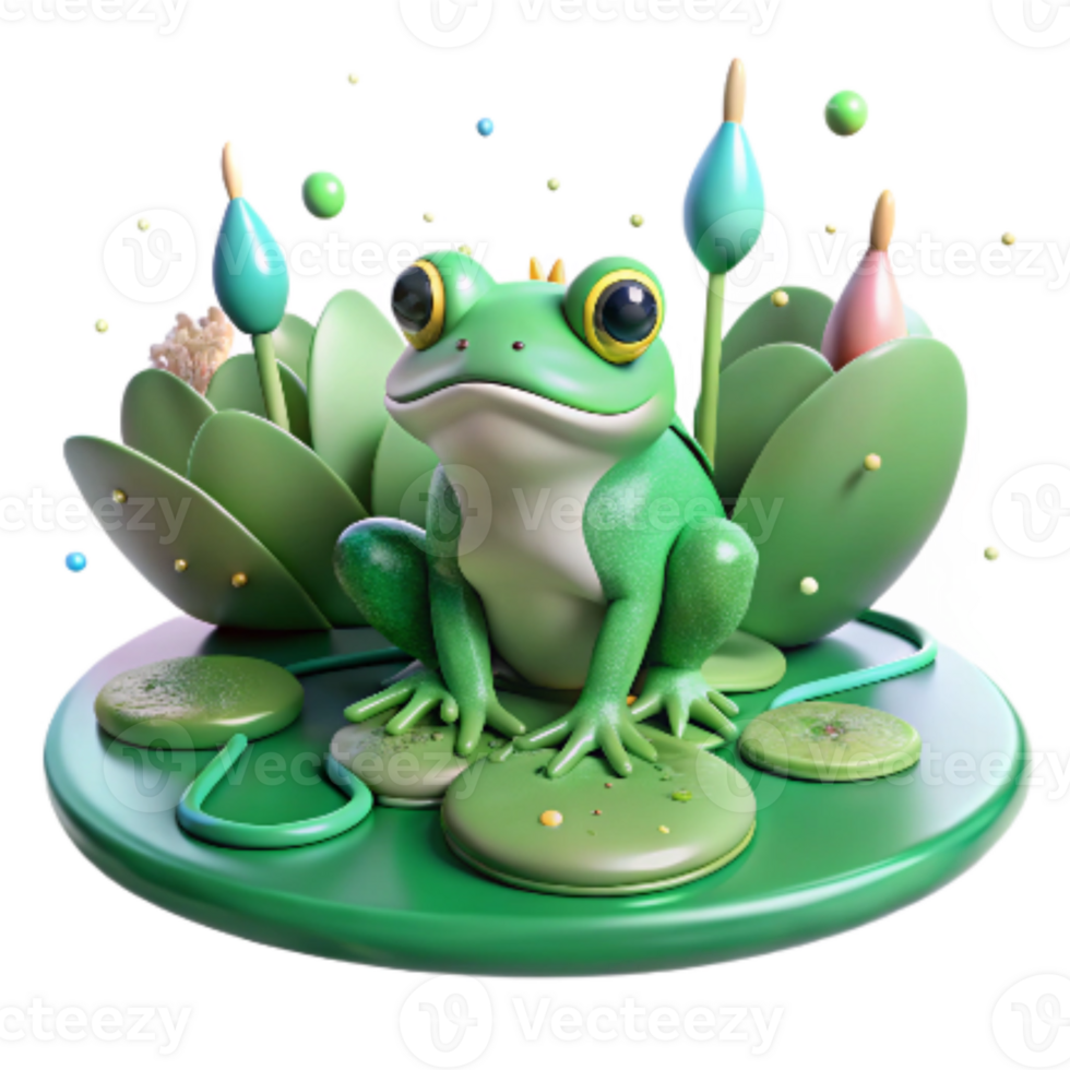 beautiful traditional Native Frog on Lily Pad Green Hues Transparent Background detailed png