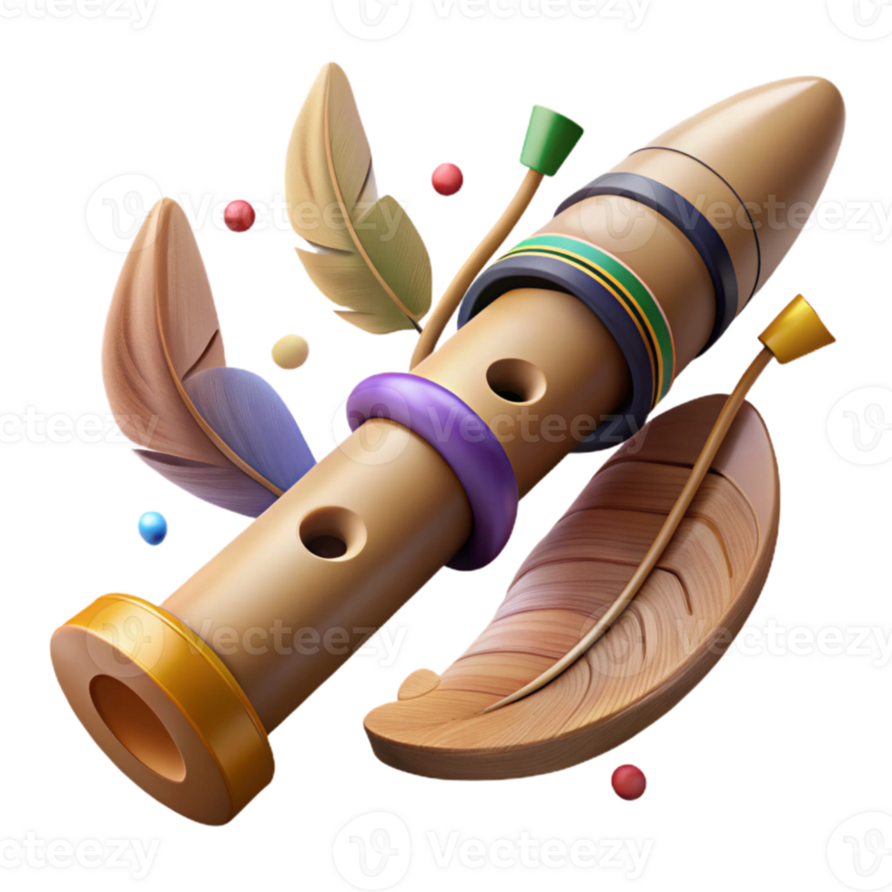 impressive classic Native American Flute Wooden with Feathers Cutout high quality png