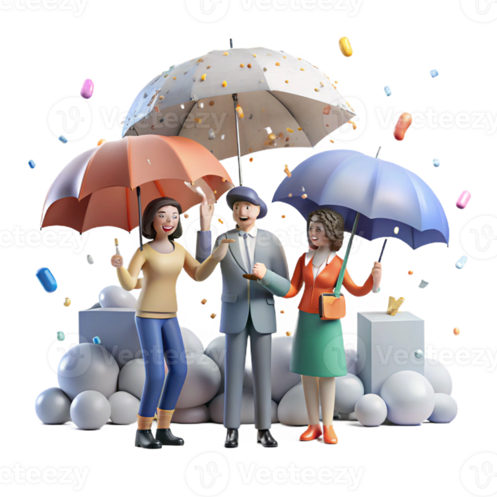 impressive abstract Group Holding Umbrellas Rainy Day Scene Transparent Background exclusive png