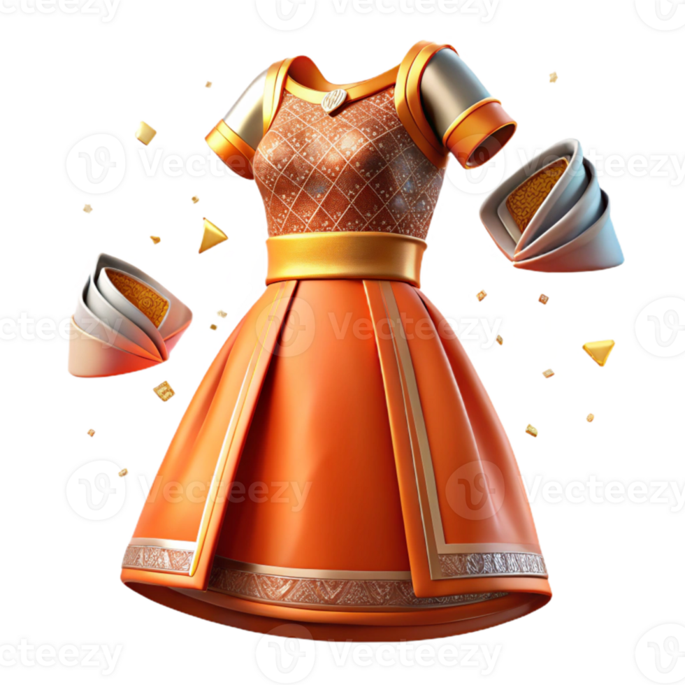 serene modern Orange Thai Chut Thai Dress with Silver Accents Isolated png