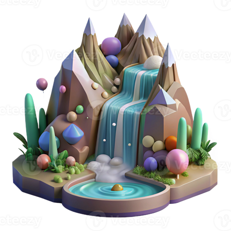 vibrant artistic Mountain Landscape with Waterfall Isolated with Cascading Water authentic png