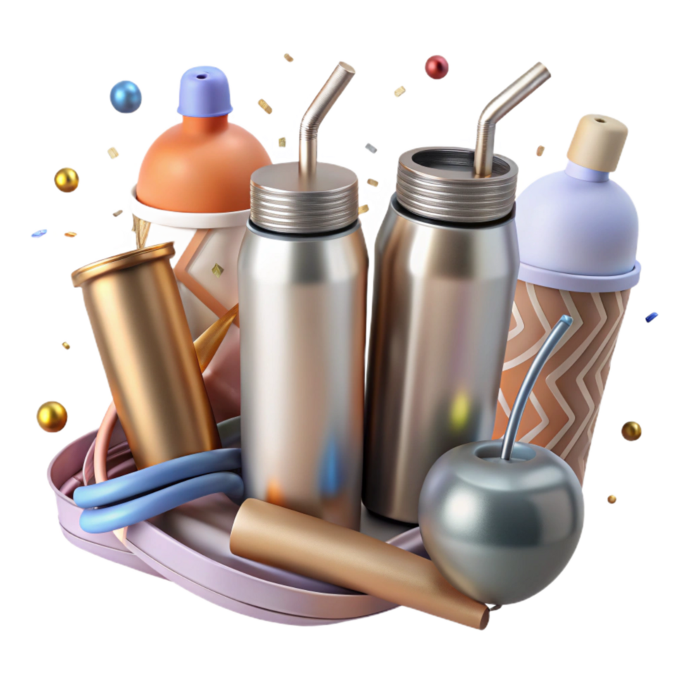 magnificent classic Metal Straws and Reusable Water Bottle Isolated premium png
