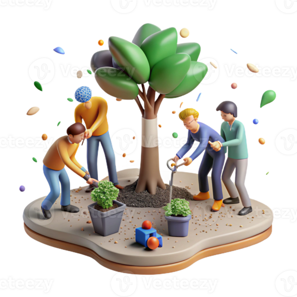 vibrant traditional Group of People Planting Trees Isolated Element genuine png