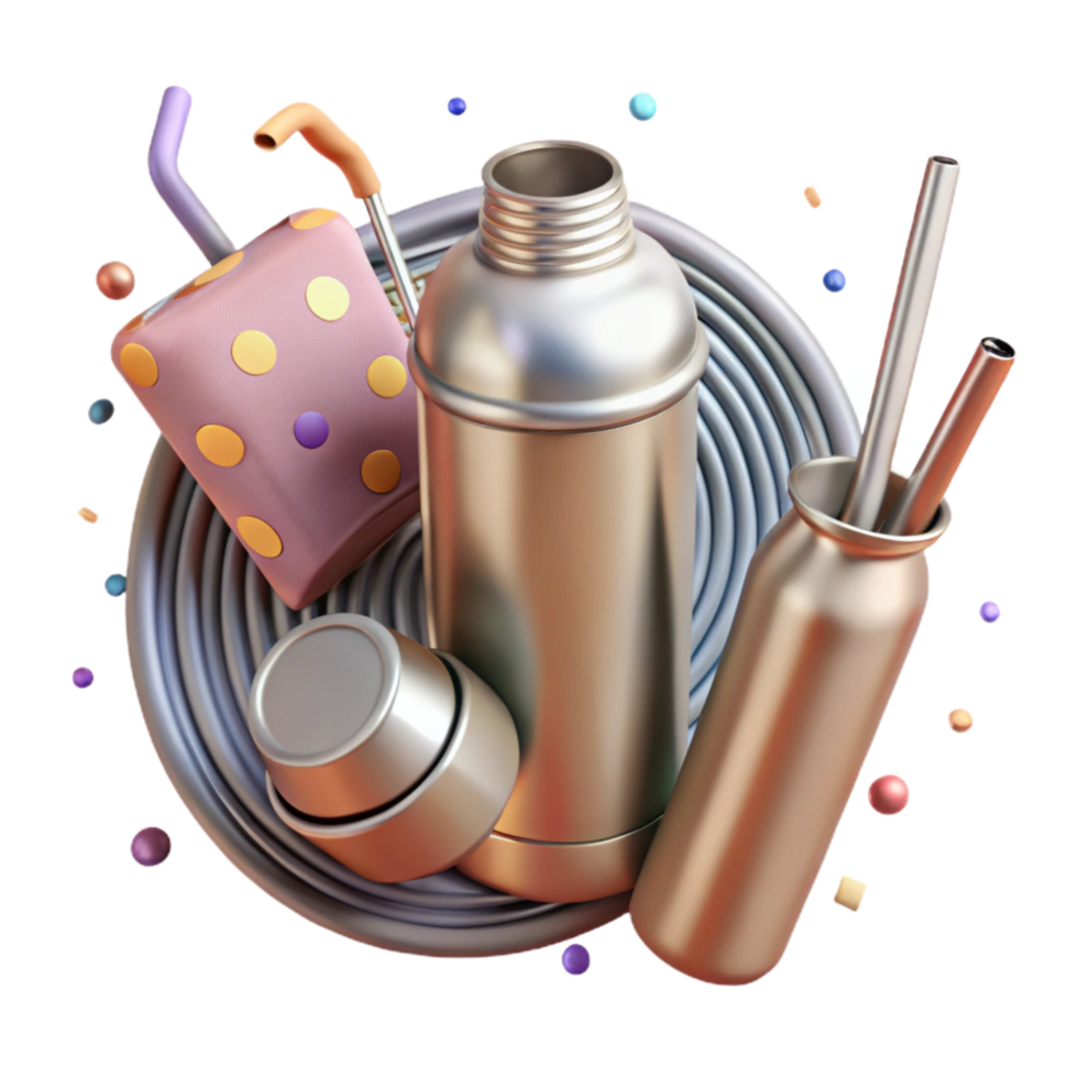 serene classic Metal Straws and Reusable Water Bottle Isolated authentic png