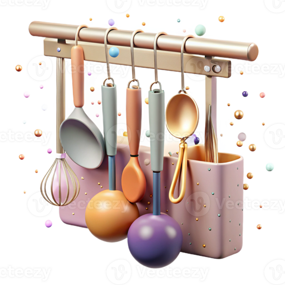 serene artistic Kitchen Utensils Hanging on a Rack Transparent Background original png