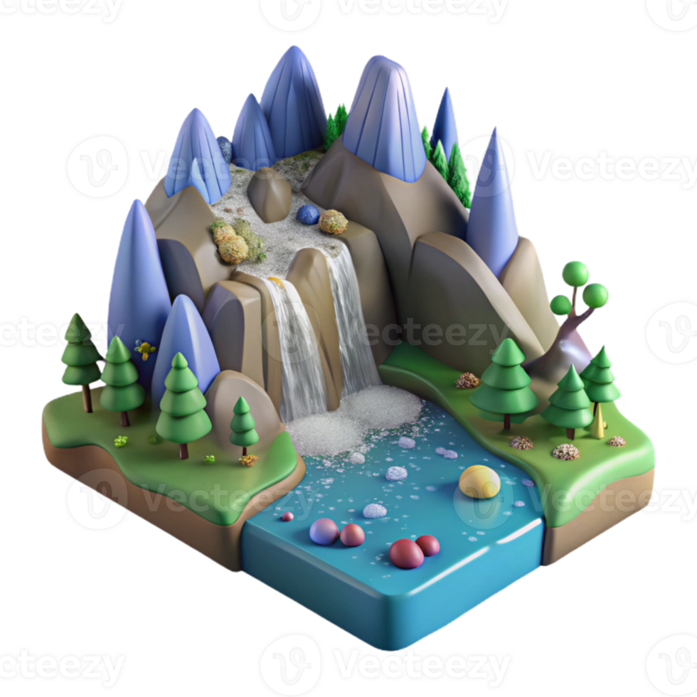 magnificent contemporary Mountain Landscape with Waterfall Isolated with Cascading Water high quality png