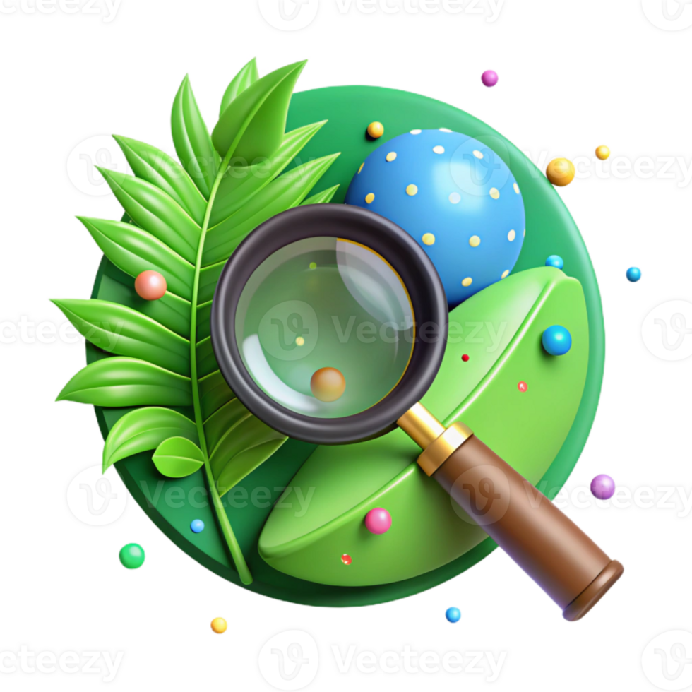dramatic rustic Magnifying Glass on Green Leaf Cutout Transparent Background detailed png