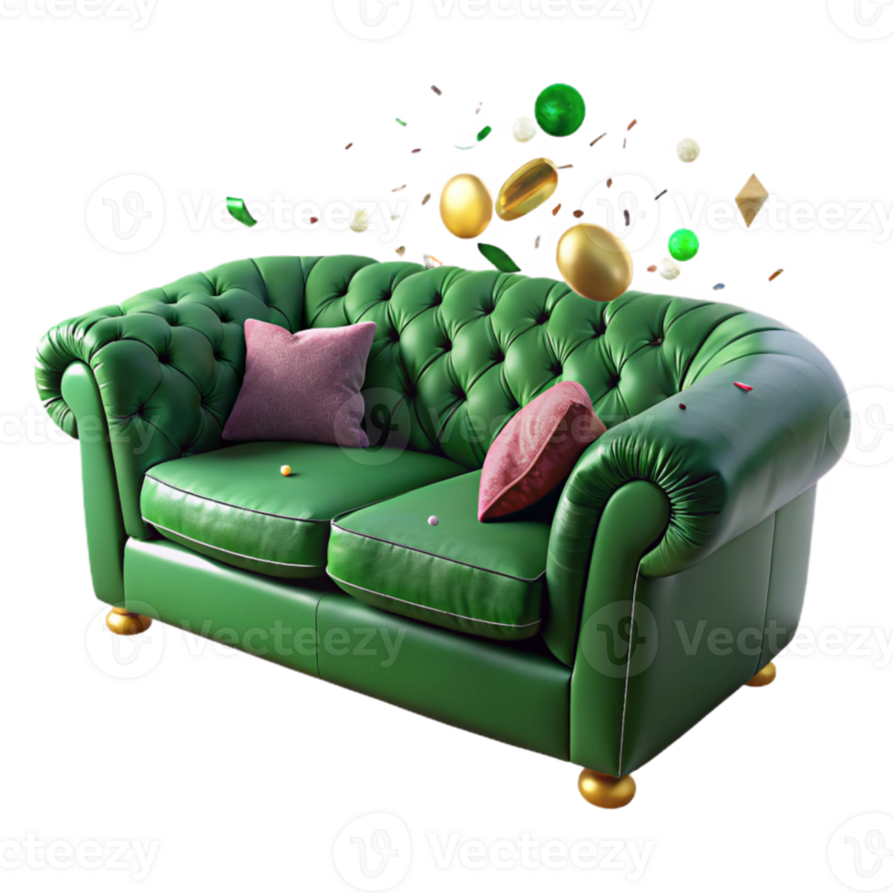vibrant abstract Green Velvet Sofa Isolated on Transparent Background genuine png