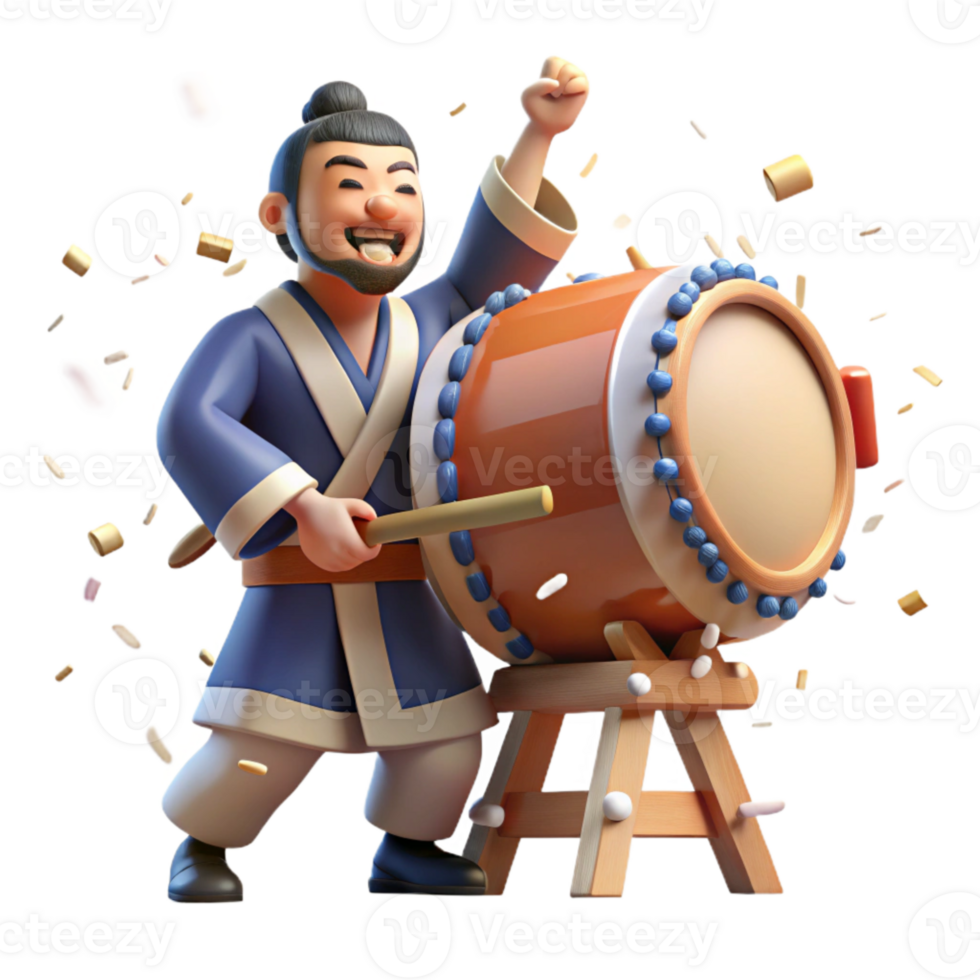 elegant vintage Japanese Taiko Drum Player Powerful Pose Isolated Element authentic png