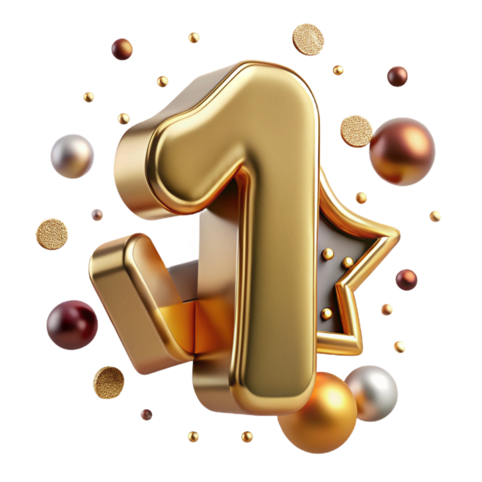 beautiful classic Metallic Font Number 1 Cutout Gold detailed png