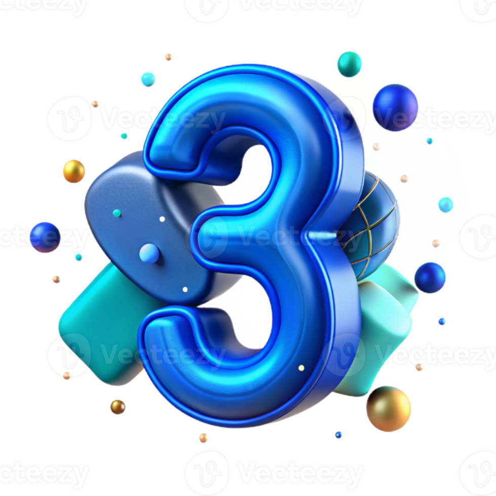 vibrant creative Neon Light Number 3 Isolated Blue high resolution png