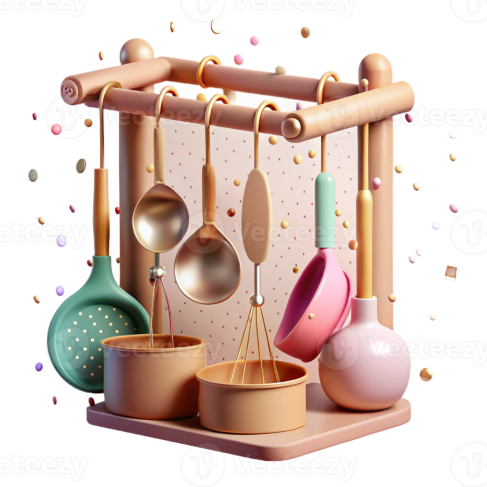 serene classic Kitchen Utensils Hanging on a Rack Transparent Background png