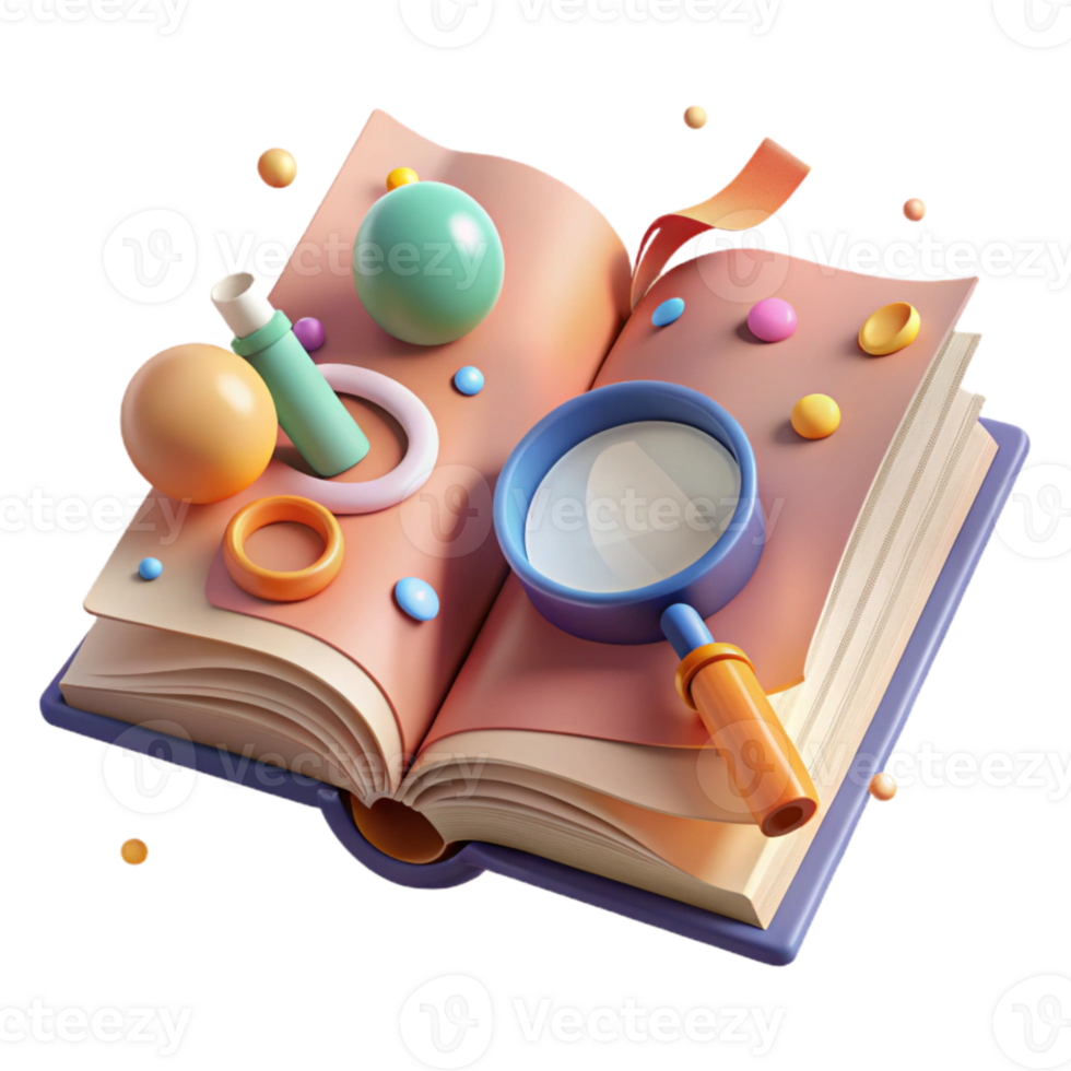 impressive vintage Magnifying Glass on Open Book Isolated Element genuine png