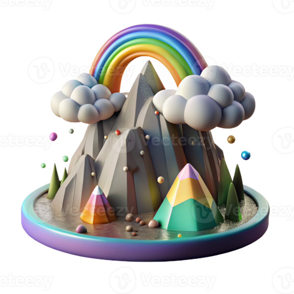 vibrant minimalist Mountain with Waterfall and Rainbow with Transparent Background high quality png