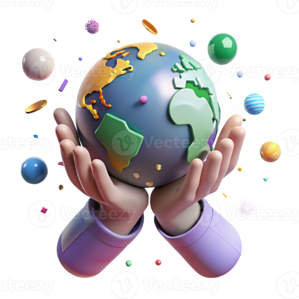 serene classic Hands Holding Earth Globe Green Continents Transparent Background detailed png