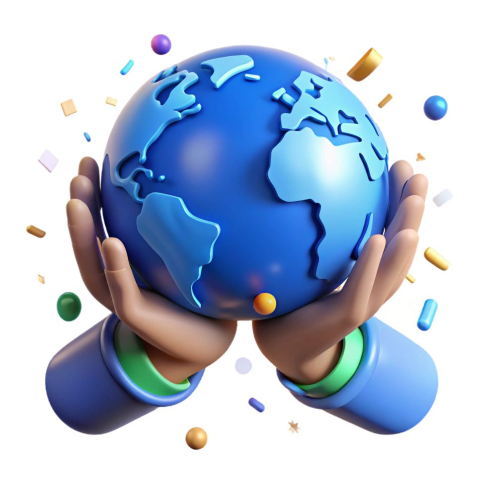 impressive artistic Helping Hands Holding Globe Blue Hues Transparent Background high quality png